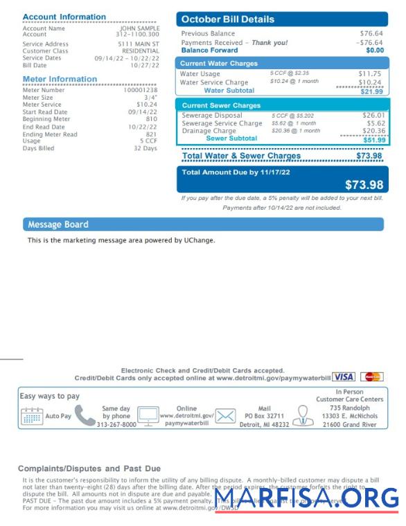 Printable USA Michigan Water and Sewerage Department utility bill, Word and PDF template, 2 pages 2